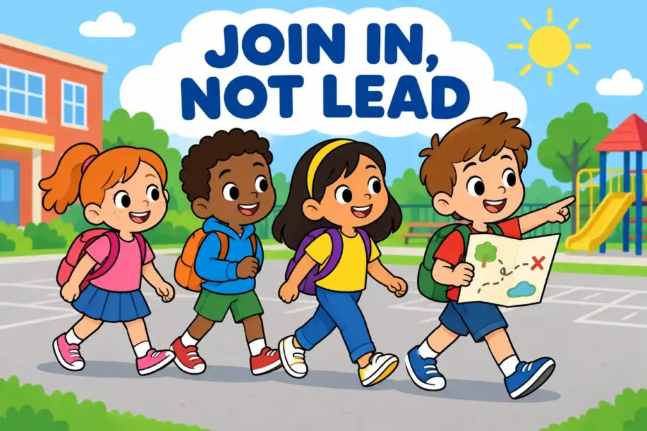 Cartoon pupils walk together behind a leader holding a plan, showing go along in a sentence as accepting and joining in.