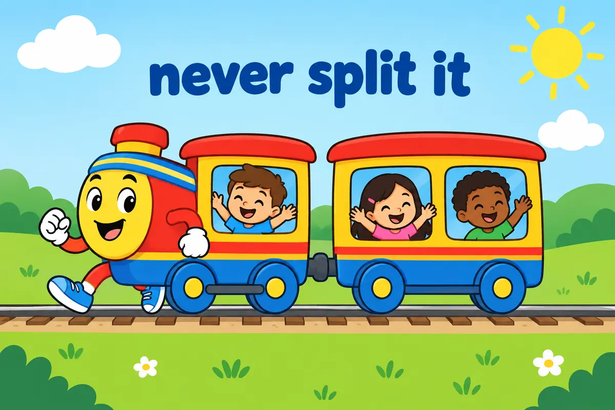 A cartoon train of two joined carriages carries the words go and along so they cannot separate.
