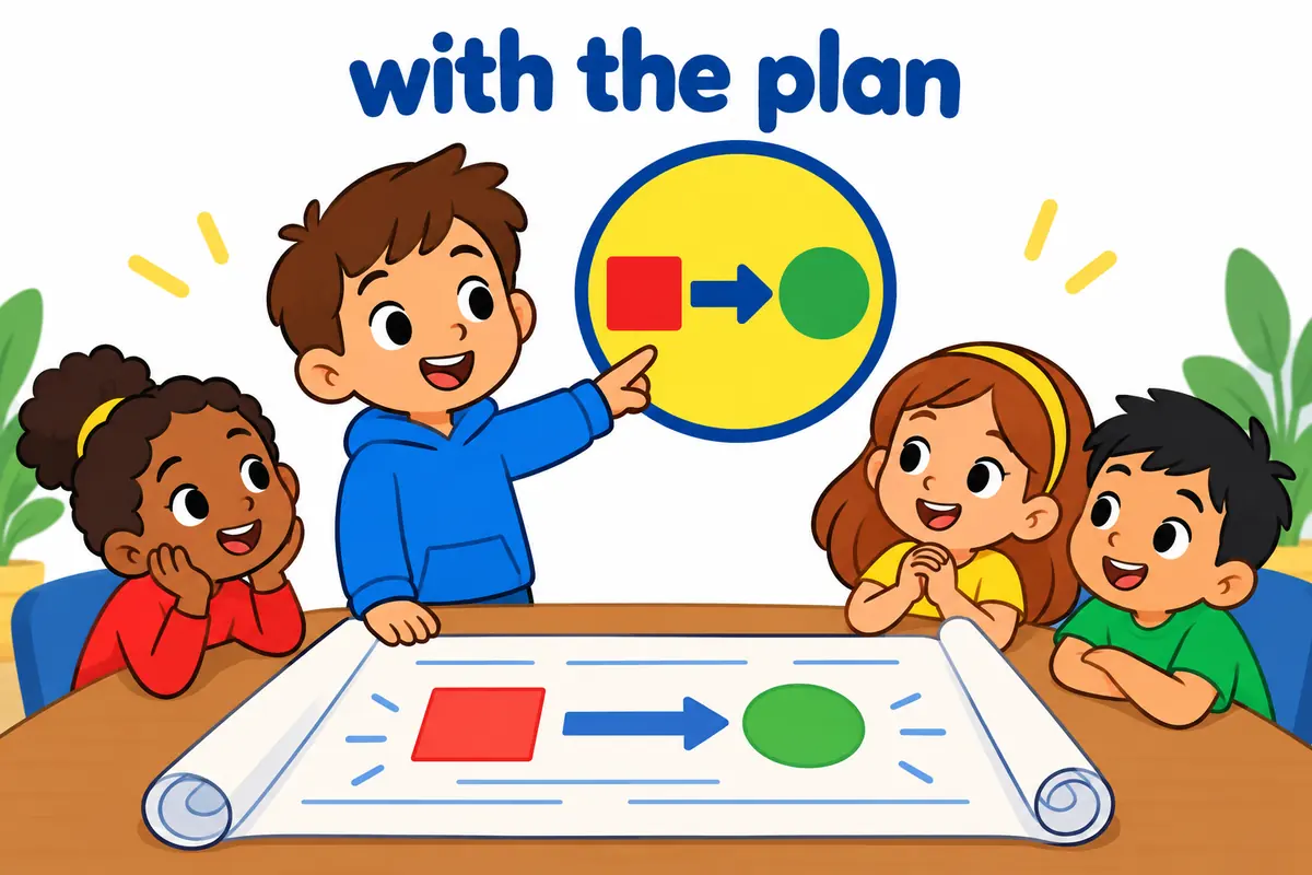 A cartoon child points to a sign reading with before a plan, showing the preposition needed after go along.