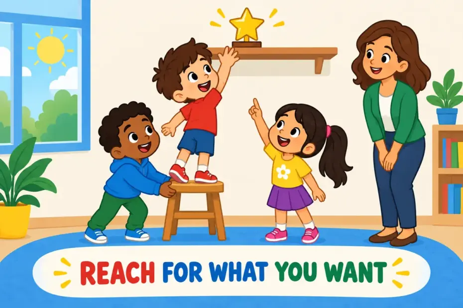 Cartoon children reach for a top shelf prize, illustrating go for in a sentence as choosing and aiming at a goal.