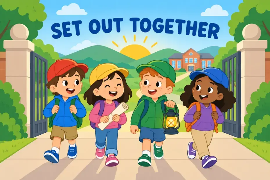 Cartoon children in caps set off through a school gate at dawn, illustrating go forth in a sentence as setting out.