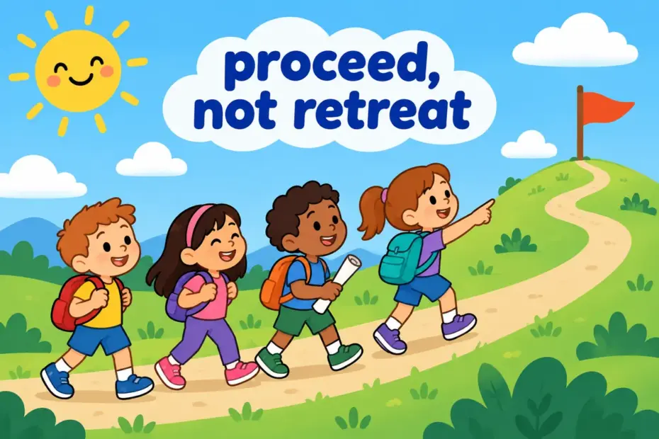 Cartoon children march up a bright path toward a flag, showing go forward in a sentence as moving ahead with a plan.
