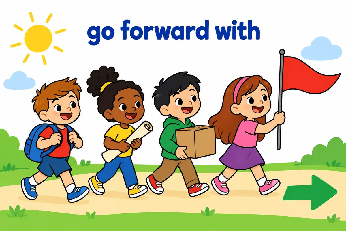 One unified cartoon scene illustrates Go forward is intransitive, so with, to or for carries what the subject proceeds with.