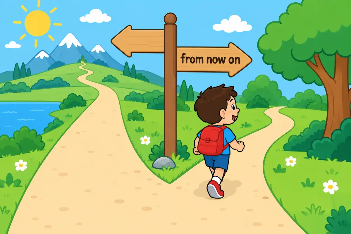 One unified cartoon scene illustrates Going forward is often best replaced by from now on when it only marks the start of a new routine.