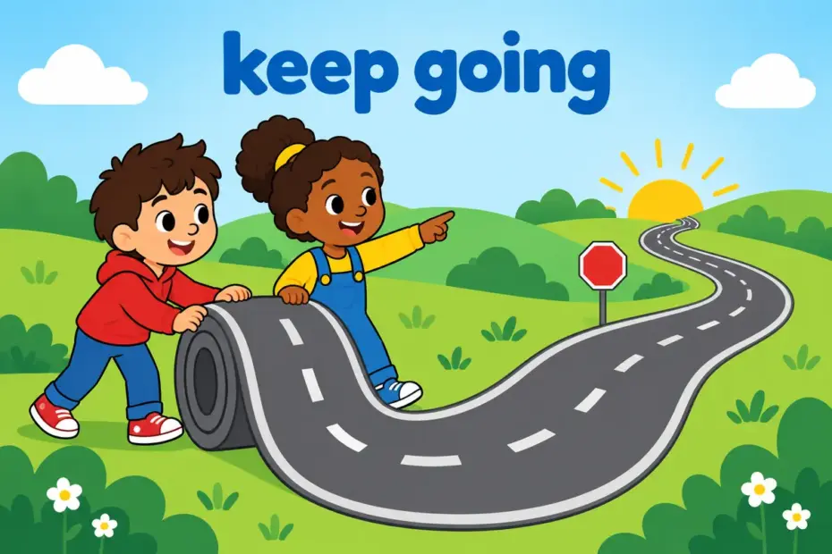 Cartoon children wind a long road that continues past a stop sign, showing go on in a sentence as carrying on without stopping.