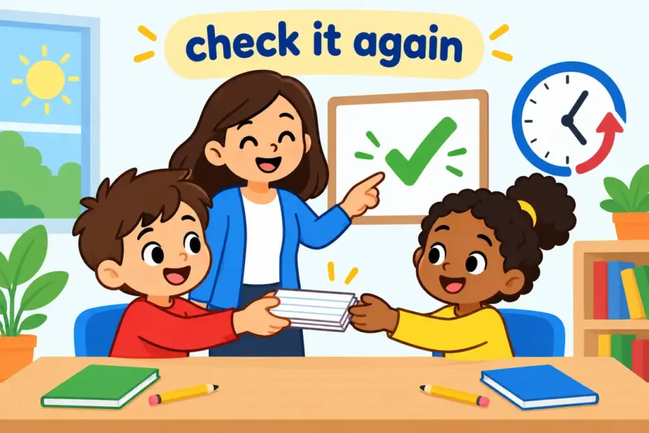 Cartoon pupils pass note cards back and forth beside a teacher, showing go over in a sentence as a careful check.