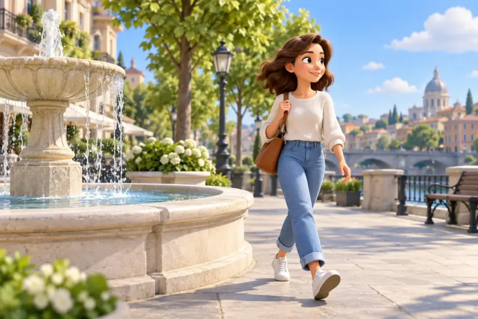 A pedestrian walks past a fountain along a sunny city promenade.