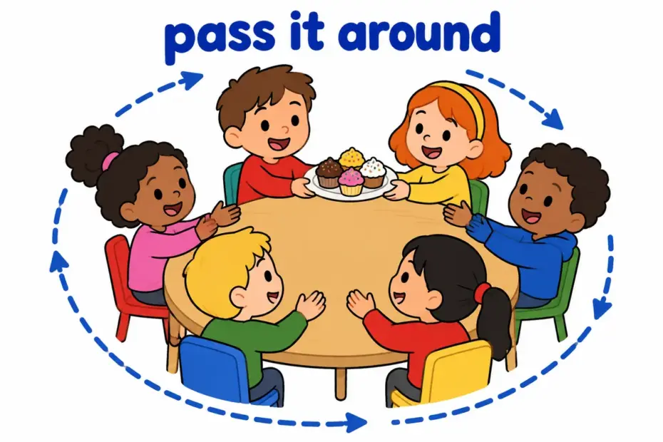 Cartoon children pass a plate of cakes around a classroom table, showing go round in a sentence as moving in a circle.
