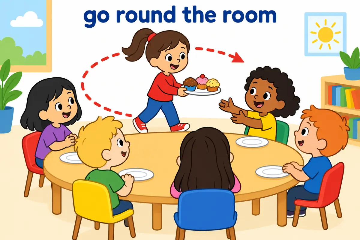 A cartoon child carries a plate of cakes around a classroom table, offering one to each seated classmate.