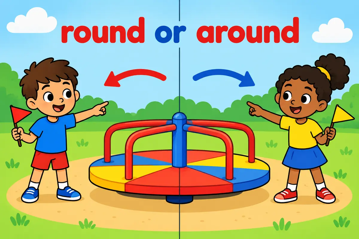 A cartoon split scene contrasts a British child pointing round a roundabout with an American child pointing around it.