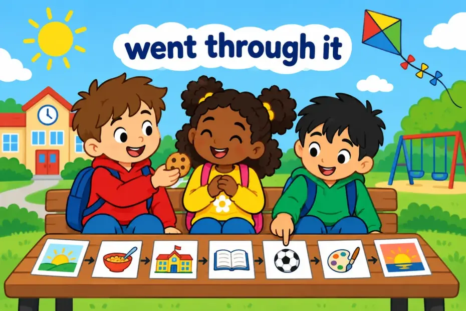 Cartoon friends help a classmate review a full day of activities, showing go through as experiencing something from start to finish.