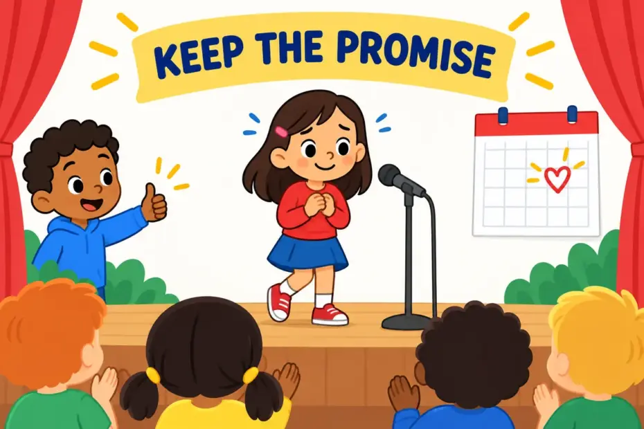 Cartoon child steps onto a small stage to perform, illustrating go through with in a sentence as completing a planned action.