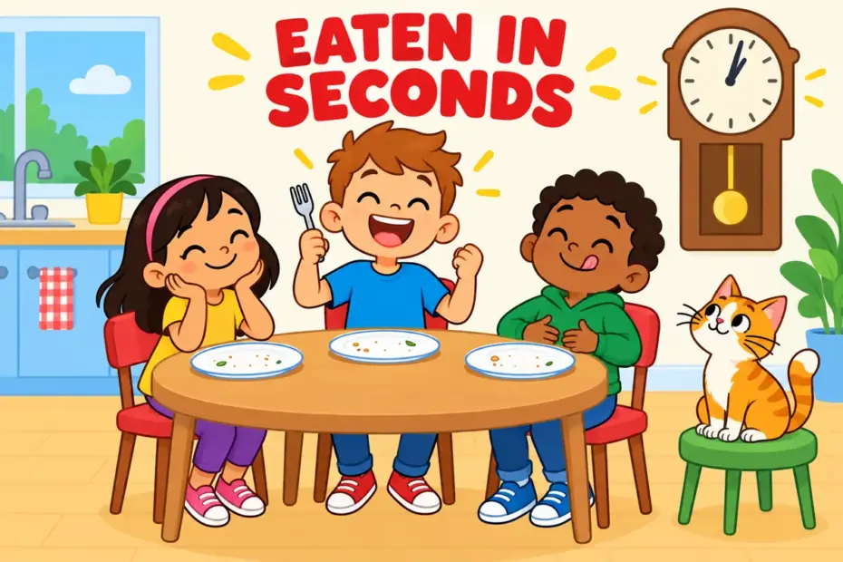 Cartoon children at a table clear a plate of pancakes in seconds, showing gobble up in a sentence as fast, greedy eating.