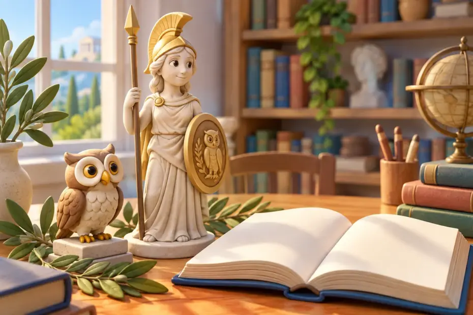 A respectful storybook scene shows a small statue of Athena beside an owl, laurel leaves, and an open mythology book.