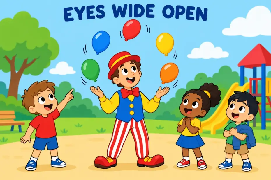 Cartoon children stare wide-eyed at a floating balloon trick, showing goggle in a sentence as a surprised stare.