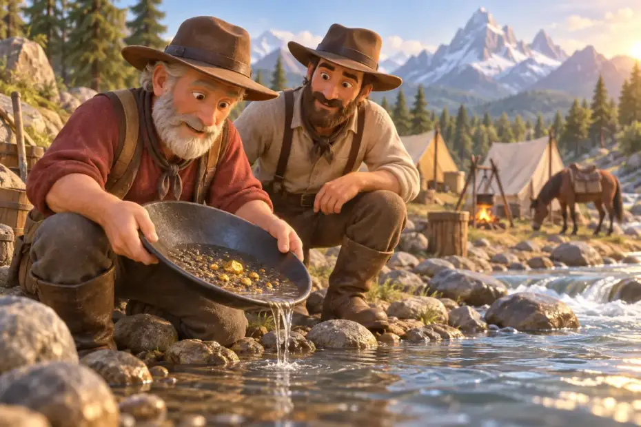 Prospectors examine a pan at a riverside camp.