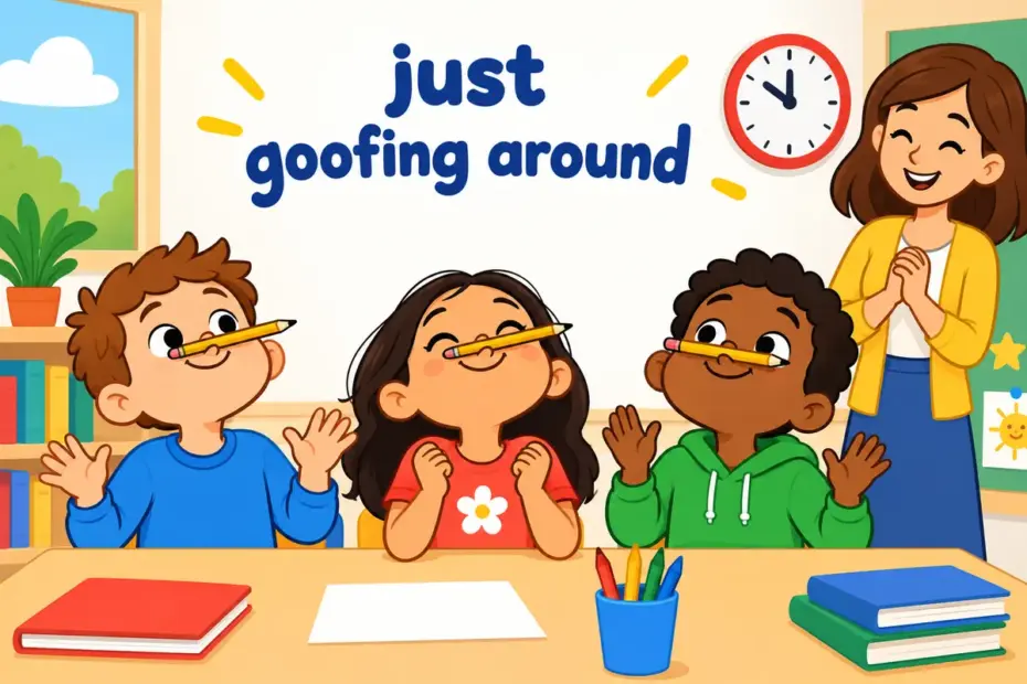 Cartoon children balancing pencils on their noses in a sunny classroom, showing goof around in a sentence.