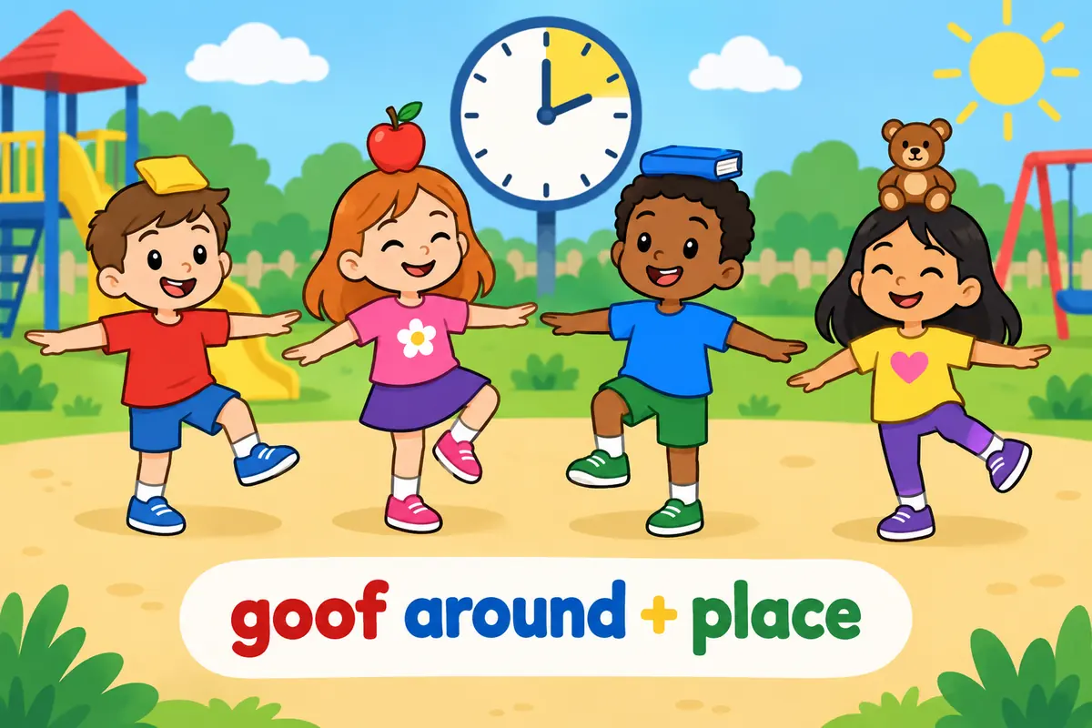 A cartoon group of children balancing pencils on their noses while a friendly clock shows break time.