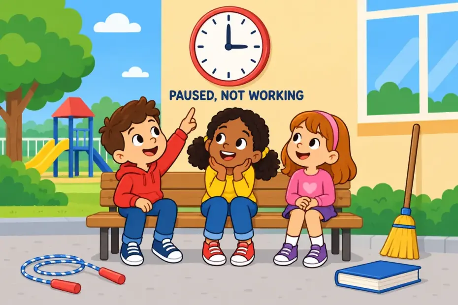 Cartoon children sit on a bench while chores wait, showing goof off in a sentence as time spent idly instead of working.