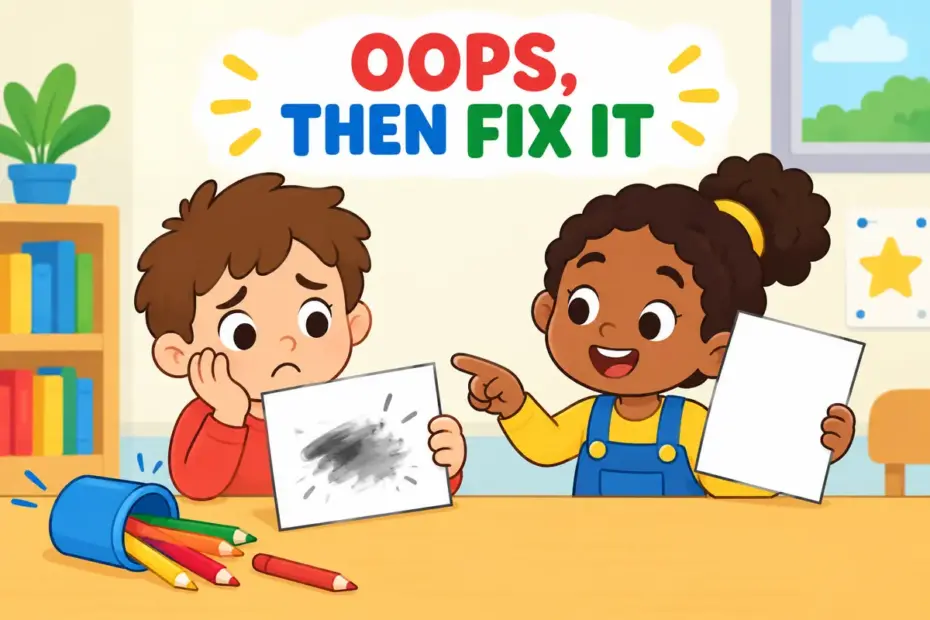 Cartoon child winces at a smudged sign while a friend points to the mistake, showing goof up in a sentence as a careless slip.