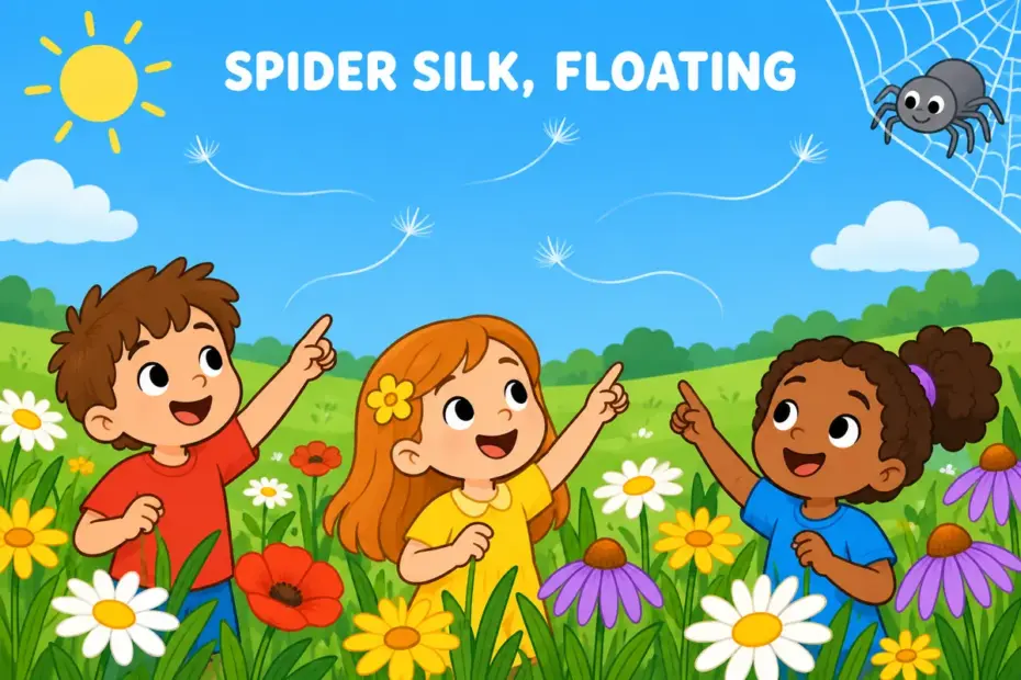 Cartoon children watch strands of gossamer drift across a sunny meadow, showing gossamer as light spider silk.