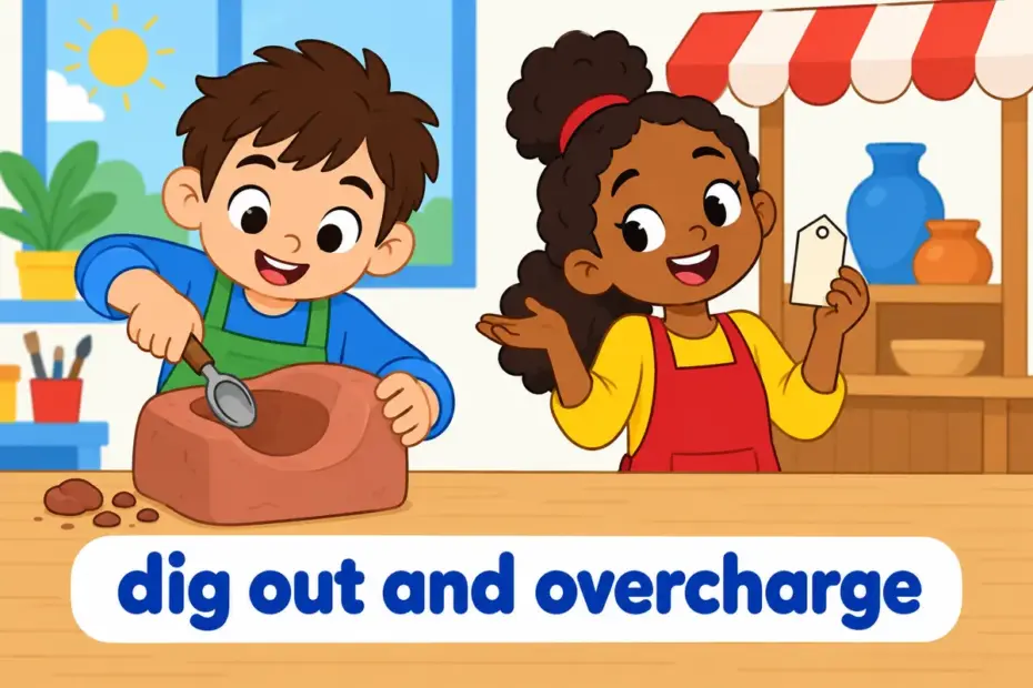 Cartoon children carve a deep hollow in clay while a shopkeeper holds a too-high price tag, showing gouge in a sentence in both senses.