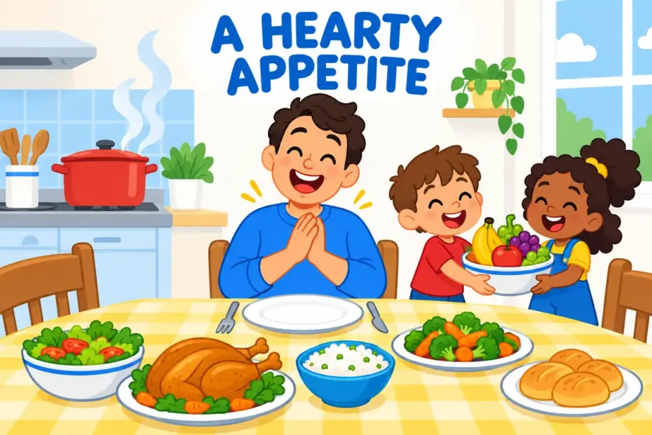 A cheerful cartoon diner surrounded by plates, illustrating gourmand in a sentence as a person with a hearty love of food.