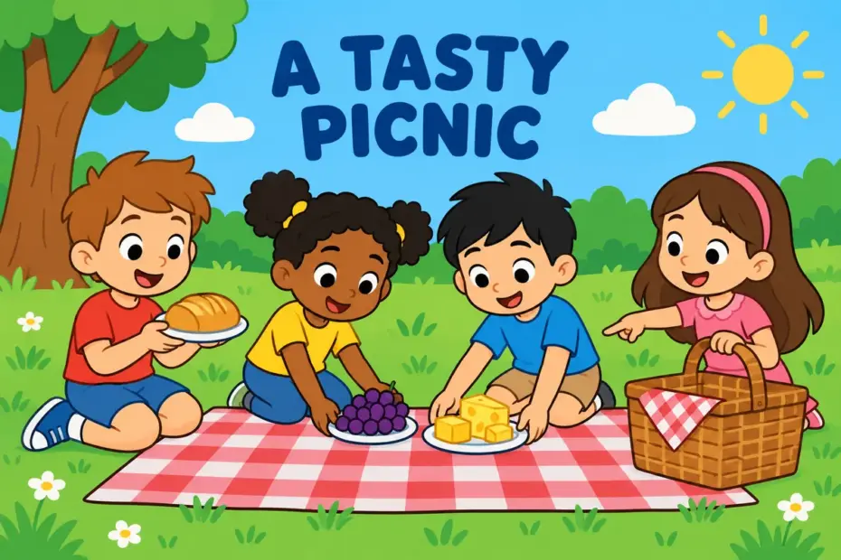 Cartoon children lay out a gourmet picnic of cheese, grapes and bread on a checked cloth, showing gourmet in a sentence as fine food.