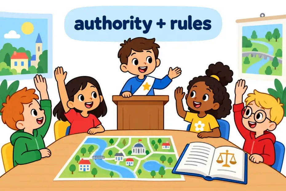 Cartoon pupils act out a classroom council where a mayor governs a town, showing govern in a sentence as holding authority.