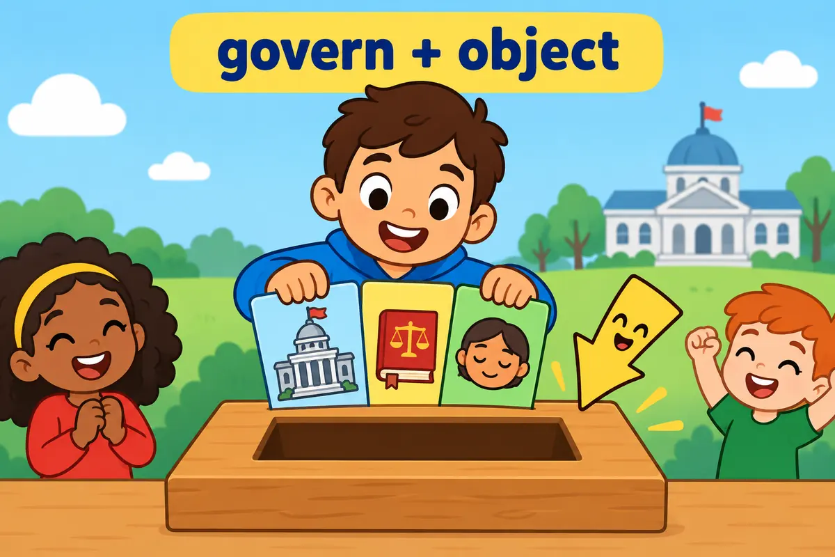 Three cartoon cards show a city, a rulebook and a person’s temper slotting into the object slot after the verb govern.
