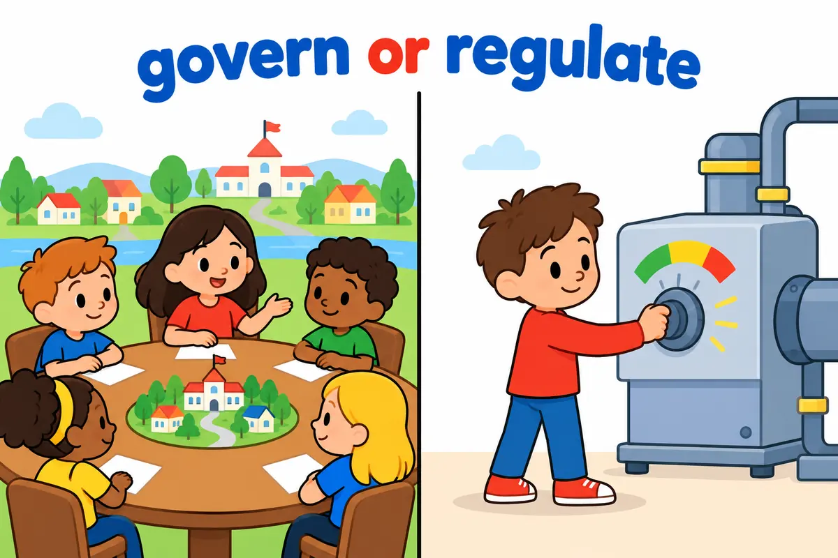 A cartoon split scene contrasts a council chamber where a body governs a city with a dial that regulates a single machine.