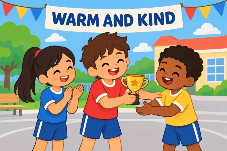 Cartoon children congratulate a smiling classmate who shares a trophy, showing gracious in a sentence.