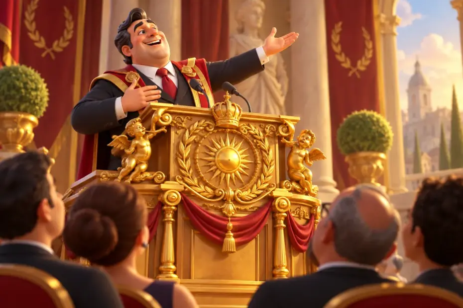 A speaker stands at an ornate golden lectern before an audience, illustrating an overblown formal speech.