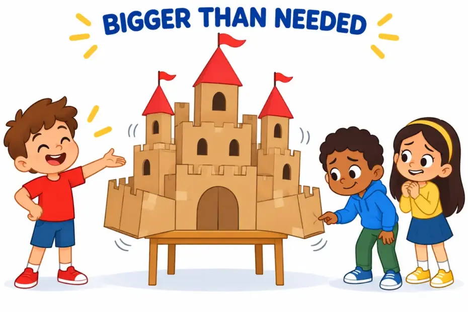 Cartoon child presents an oversized cardboard castle on a tiny table, showing grandiose in a sentence as showy excess.