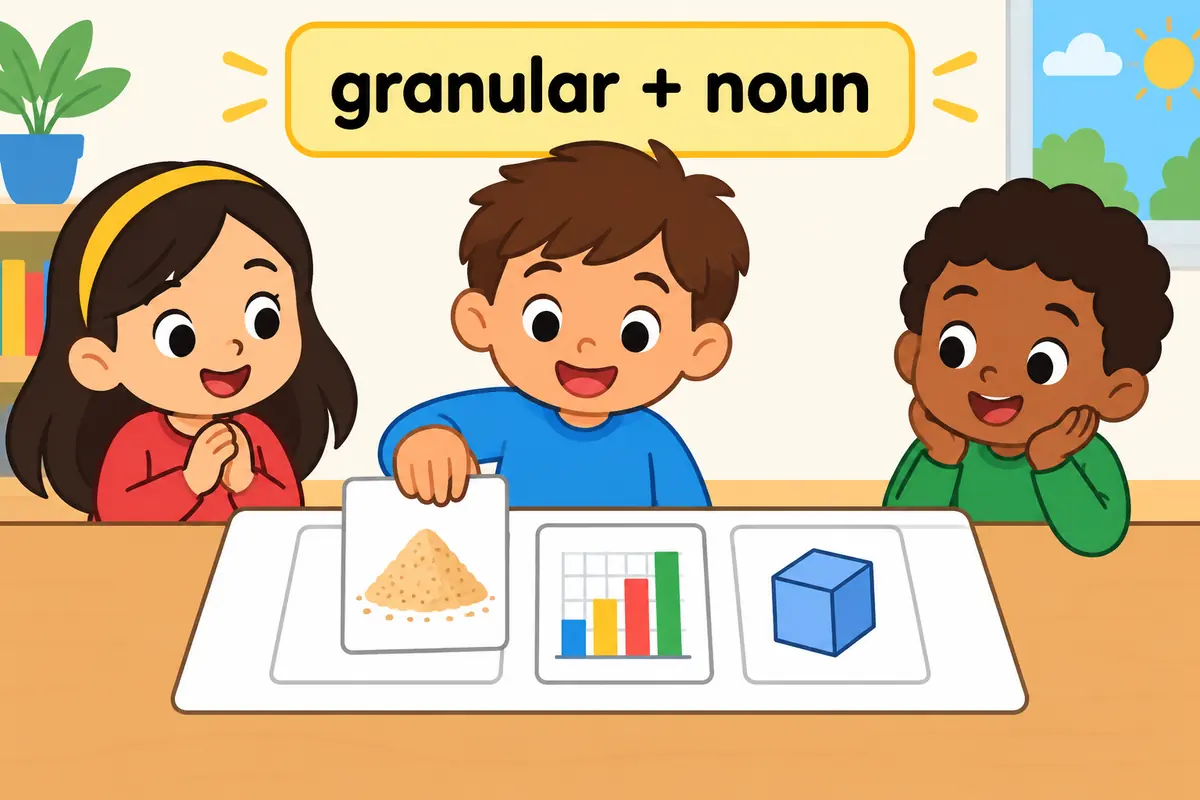 Granular can describe material made of grains or detailed analysis, shown with picture-only examples.