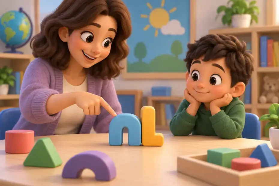 A teacher points to two abstract letter-shaped blocks grouped together on a phonics table.