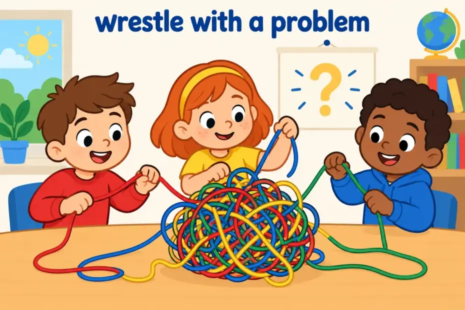 Cartoon pupils tug thoughtfully at a large tangled knot of string, showing grapple in a sentence as struggling with a problem.