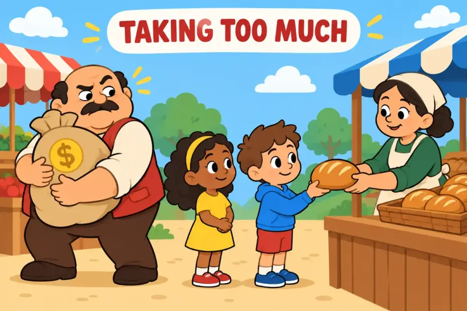 Cartoon pupils watch a grasping stallholder hoard coins, illustrating grasping in a sentence as greedy taking.