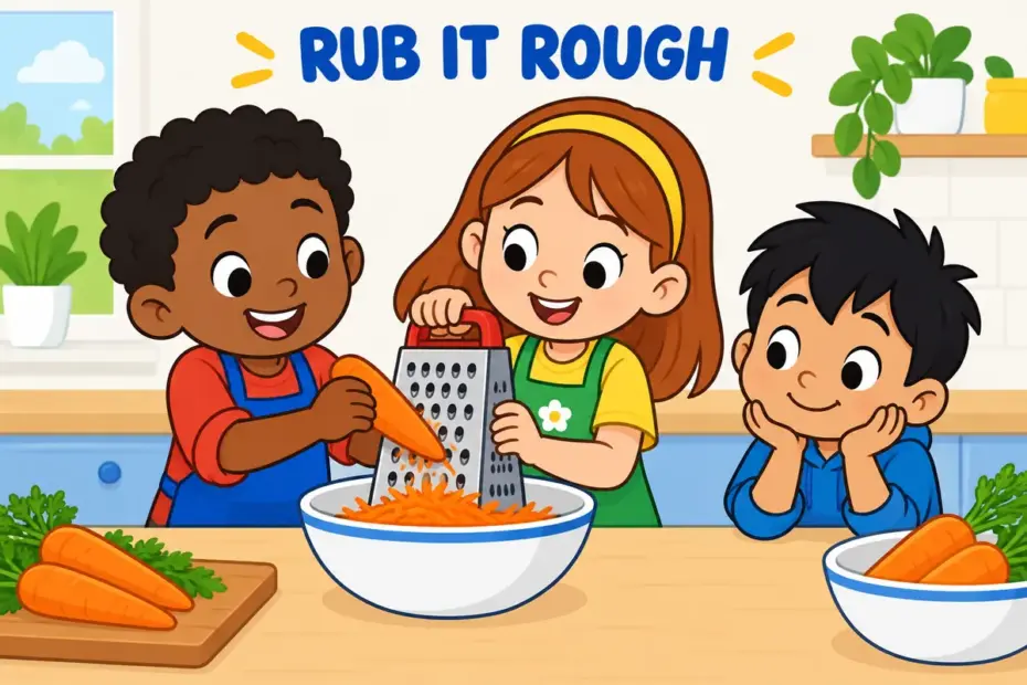 Cartoon children take turns grating a carrot over a bowl, showing grate in a sentence as shredding food.