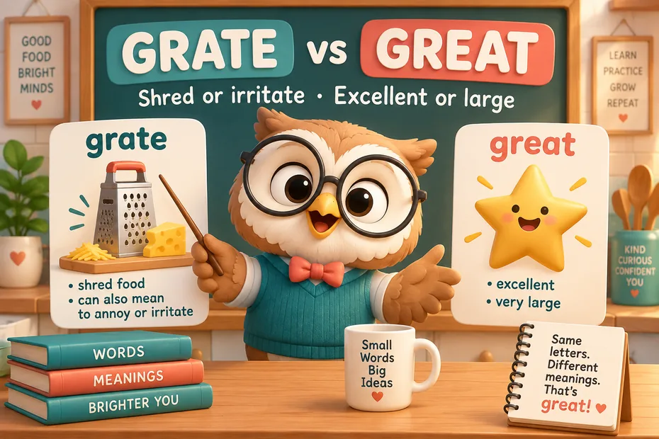 Grate means shred or irritate; great can mean excellent or large