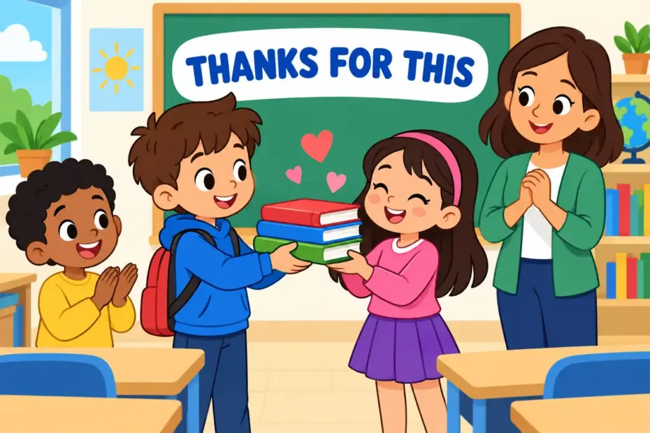 A child receives a stack of books directly from a classmate while classmates smile, showing a grateful response to a gift.