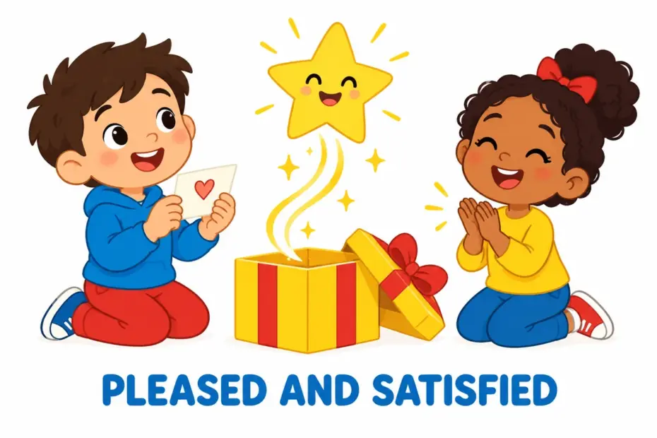 Cartoon child smiles as a wish card turns into a star, showing gratify in a sentence as giving pleasure.