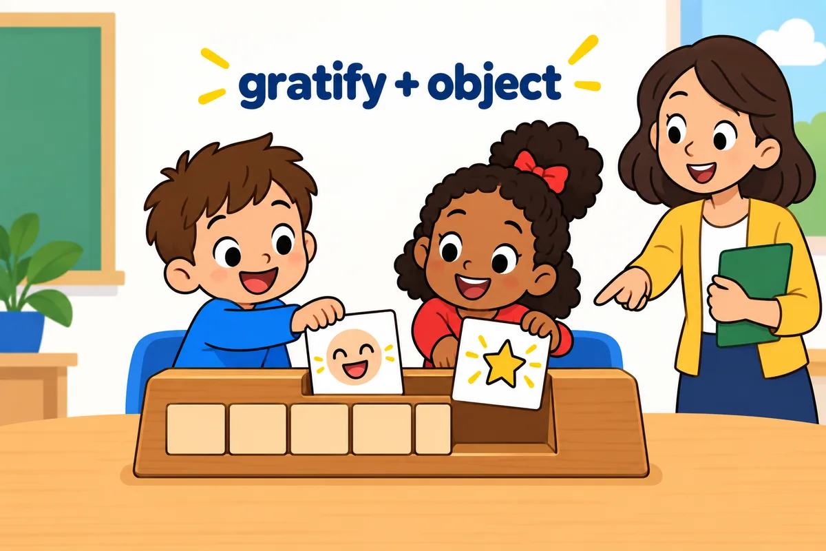Cartoon children slot a picture of a person and a picture of a wish into the object space after gratify.