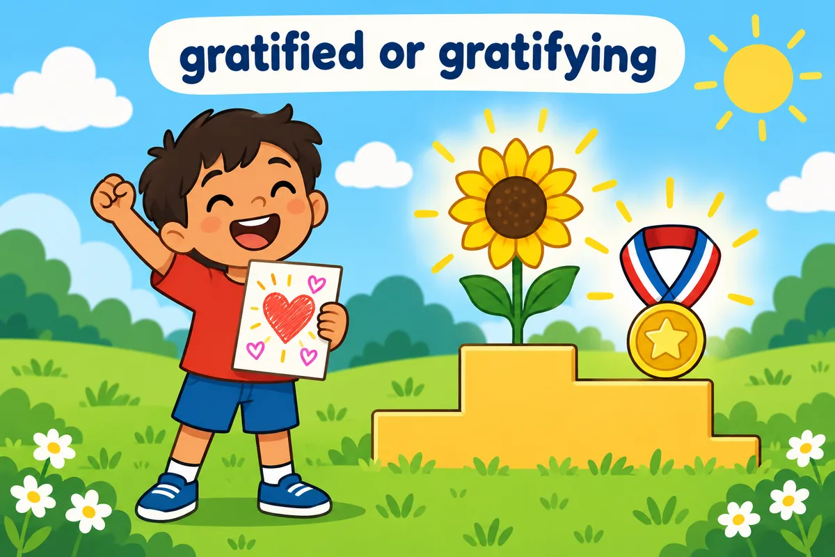 Cartoon children show a pleased face beside one card and a glowing result beside another.