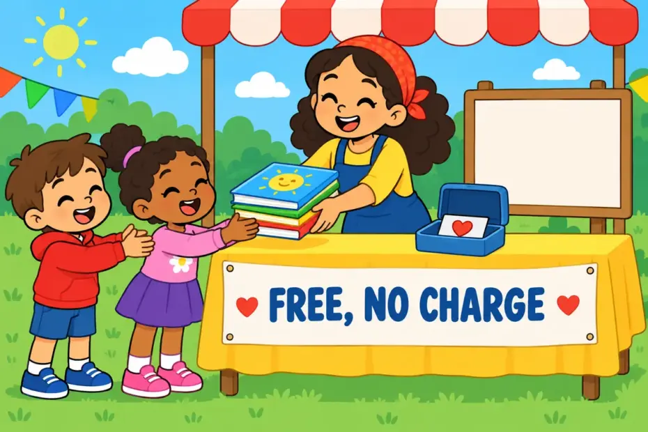 Cartoon children receive free books at a bright stall with no price tags, showing gratis in a sentence as a gift with no payment.