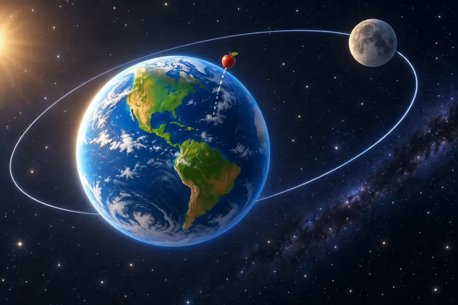 Earth and the Moon follow a curved orbit beneath a falling apple.