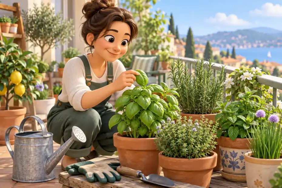 A gardener tends a thriving collection of potted herbs.