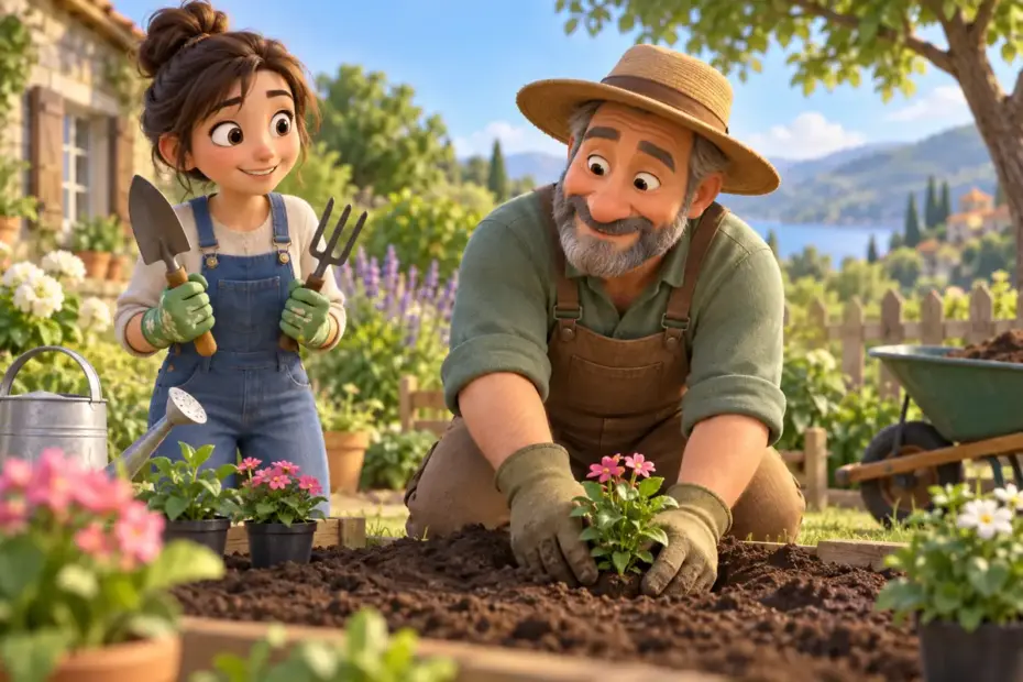 A new gardener holds unused tools while an experienced gardener demonstrates planting.