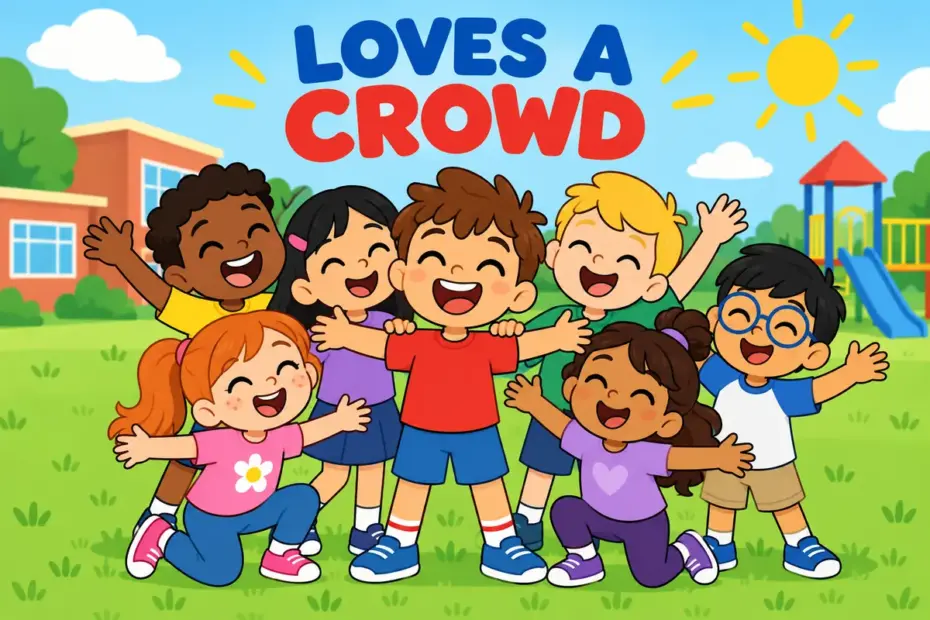 Cartoon children crowd around a smiling gregarious classmate, illustrating gregarious in a sentence as someone who loves company.