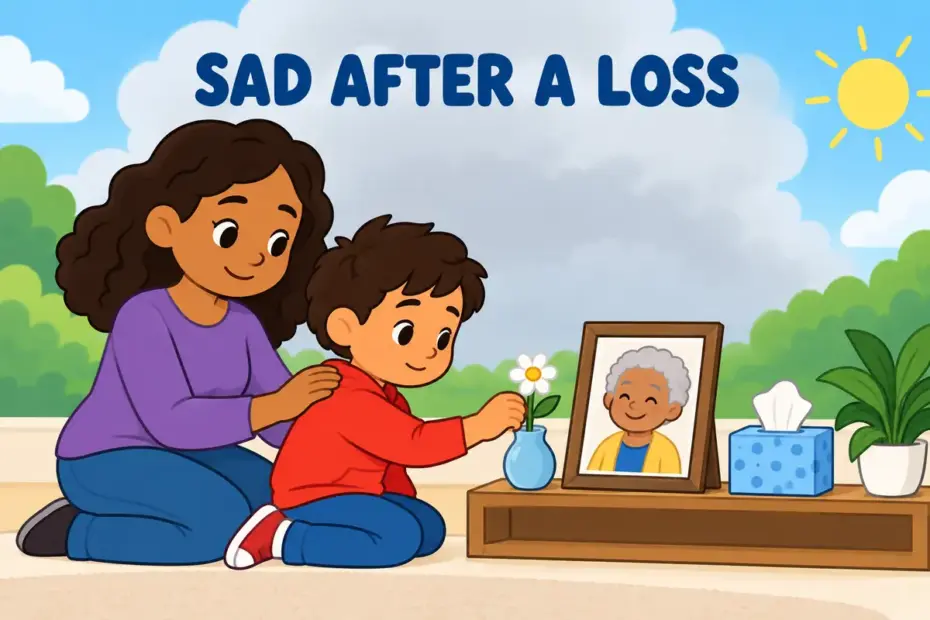 A cartoon child lays a flower beside a framed photo, illustrating grieve in a sentence as sorrow after a loss.